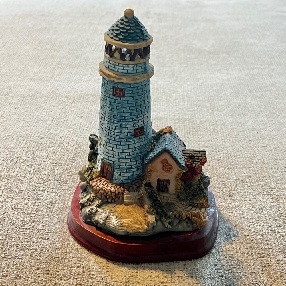 Vintage Nautical Lighthouse Figurine with Wooden Base Light Up Coastal Decor